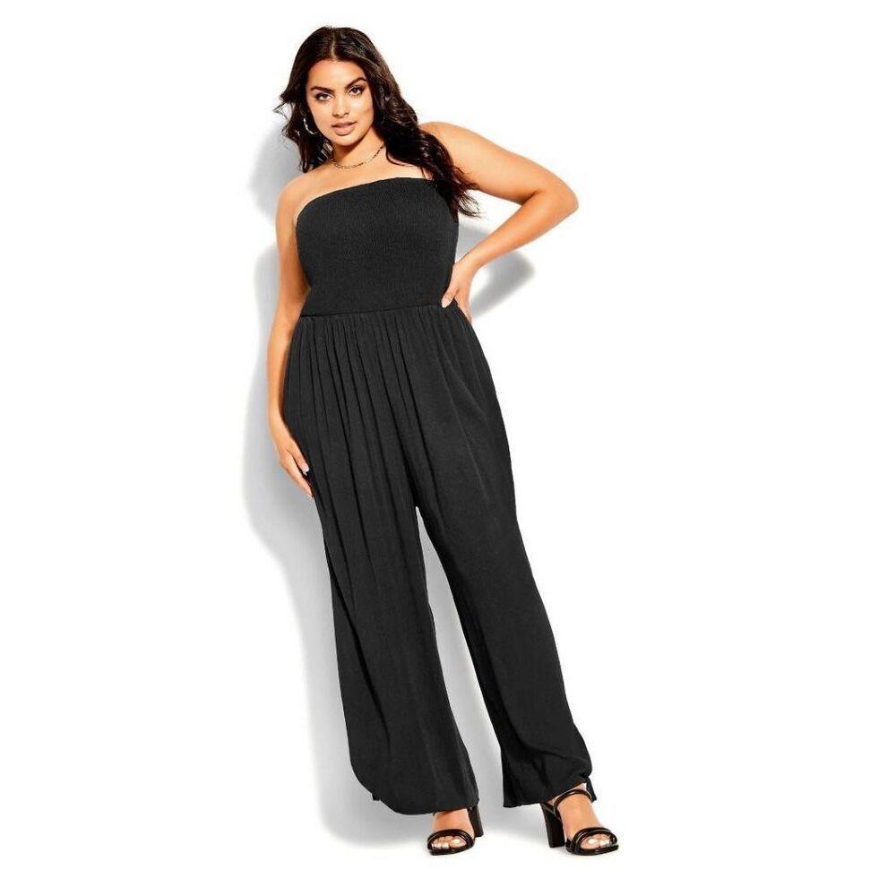 City Chic Jumpsuit Smocked Black Strapless Plus 16 16W Boho Gypsy Pockets - Picture 2 of 15